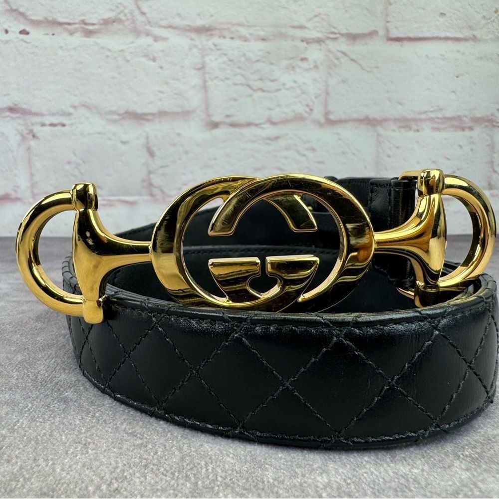 Gucci Zumi Black Leather Quilted Belt with Gold Buckle 550122 90/36